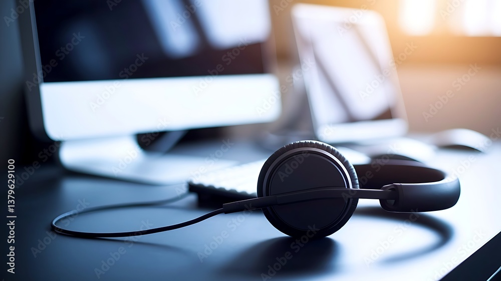 Close-Up Soft Focus Headset at Call Center Help Desk – Customer Support, Hotline Service, and Office Communication Background Concept Close-Up Soft Focus Headset at Call Center Help Desk – Customer Support, Hotline Service, and Office Communication Background Concept