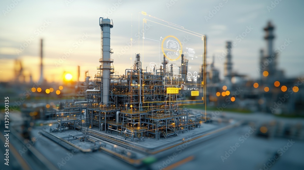 Fototapeta premium A large scale industrial refinery complex featuring an array of towering structures pipes storage tanks and other against the backdrop of a colorful sunset sky