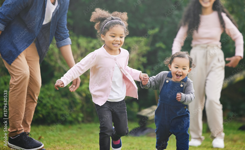 Fototapeta premium Family, park and kids run with parents and tag game with love, support and care outdoor. Lawn, backyard and nature with baby, mom and dad together with bonding and fun weekend activity on walk