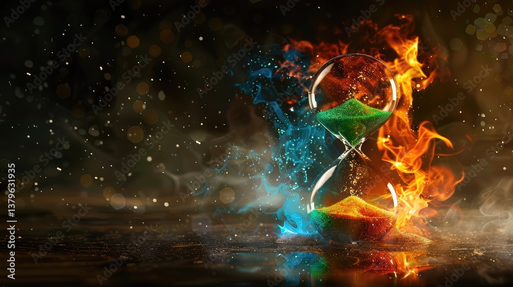 A mesmerizing hourglass filled with vibrant sands, surrounded by colorful flames and smoke, symbolizing time's passage A mesmerizing hourglass filled with vibrant sands, surrounded by colorful flames and smoke, symbolizing time's passage
