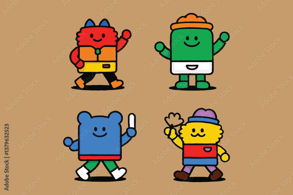Four Quirky Cartoon Characters: Smiling, Waving, and Walking in Colorful Outfits, Perfect for Playful Illustrations and Engaging Digital Content. Four Quirky Cartoon Characters: Smiling, Waving, and Walking in Colorful Outfits, Perfect for Playful Illustrations and Engaging Digital Content.