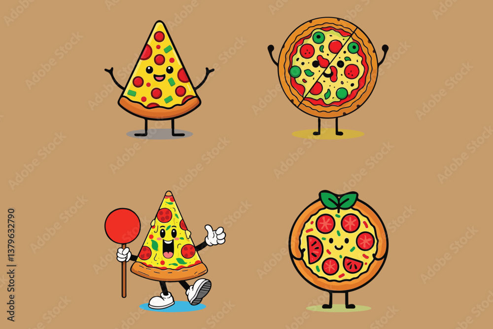 Naklejka premium Animated Pizza Slice Characters: Four Retro-Style Illustrations with Chef Hats and Expressions