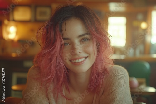 Smiling woman with pink hair in a cozy, vintage-style cafe setting