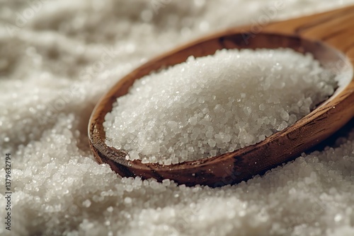 Wooden spoon with granulated sugar on a wooden background.