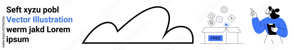 Single cloud outline, open box with floating files, person pointing at digital tools. Ideal for cloud computing, data sharing, storage management, guidance, education, file organization simple Single cloud outline, open box with floating files, person pointing at digital tools. Ideal for cloud computing, data sharing, storage management, guidance, education, file organization simple