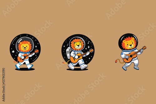 Astronaut Lion Musicians: Three Illustrations of Cartoon Lions Playing Guitars in Space Suits