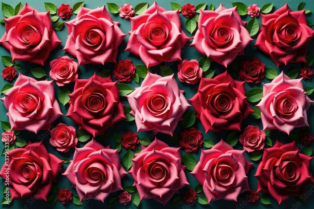 Symmetrical rose motifs arranged in square grid , seamless, surface, square