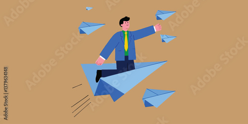 Man Riding Paper Airplane: Illustration of Innovation, Freedom, and Taking Flight in Business