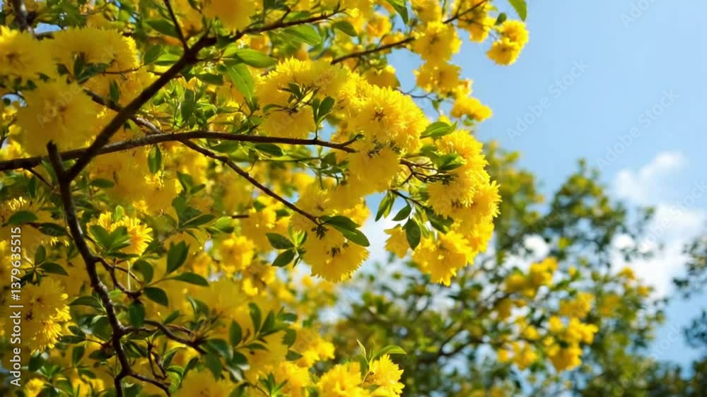 Bright Yellow Blossoms on Tree Branch – Vibrant Springtime Floral Scene Bright Yellow Blossoms on Tree Branch – Vibrant Springtime Floral Scene