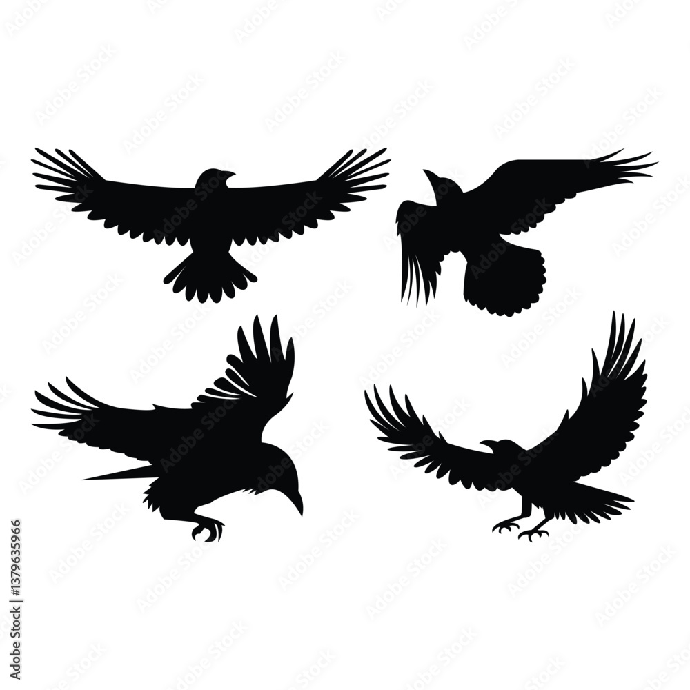 Obraz premium Flying Crow & Raven Silhouette Vector Art – Dark Aesthetic, Gothic Minimalist Design for Logos, Posters, Book Covers