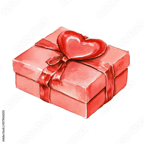 A watercolor vector illustration of Valentine's Day gift box, isolated on a white background.

