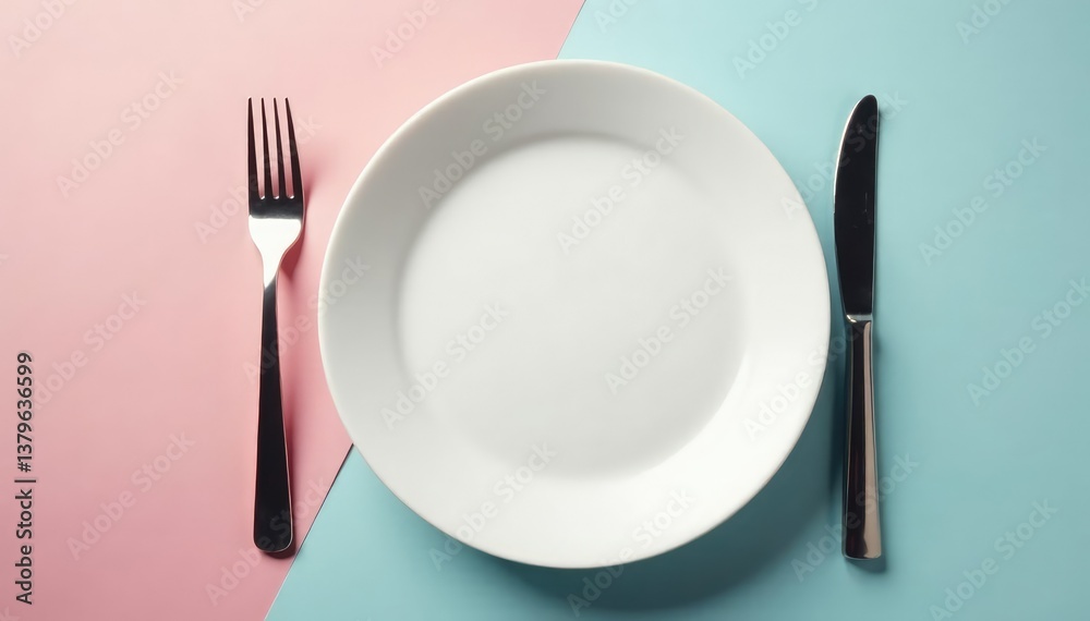 Empty plate with fork and knife, minimalist setting, discipline, determination, intermittent fasting Empty plate with fork and knife, minimalist setting, discipline, determination, intermittent fasting