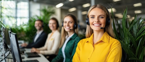 A cheerful customer service team in headsets working at desks surrounded by plants, showcasing a friendly and professional atmosphere.