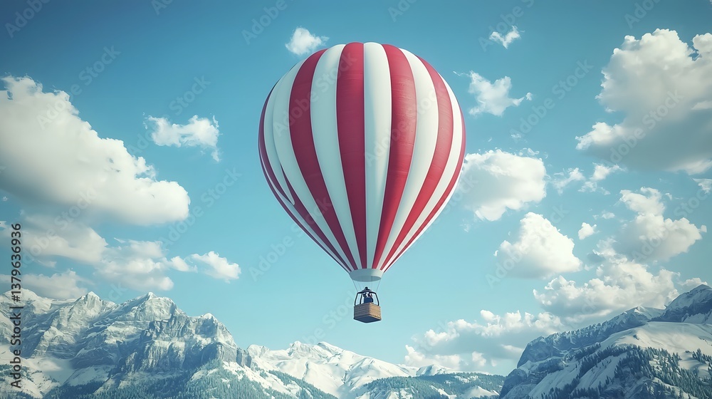 Fototapeta premium Red and White Striped Hot Air Balloon Soaring Over Snowy Mountain Peaks