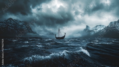 Dramatic Viking Longship Sailing on a Stormy Sea Mountainscape Background