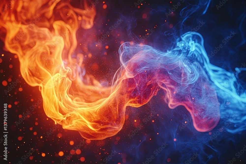 Obraz premium Abstract Render Depicts Hot Flames Merging With Cold Blue Smoke