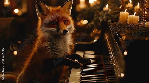 A Majestic Fox Plays A Grand Piano Amongst Candles And Decorations