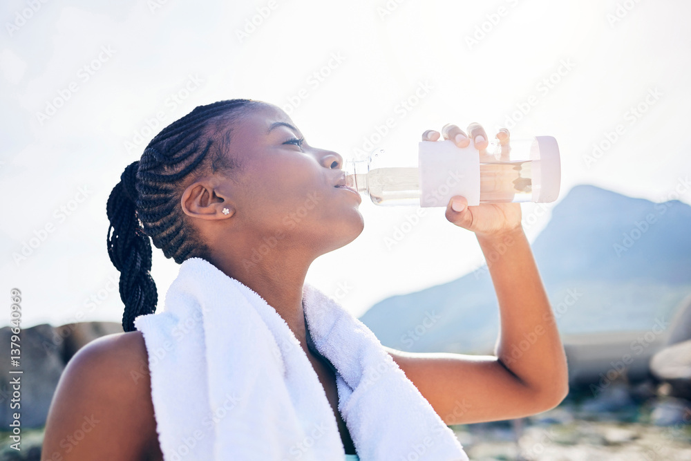 Woman, exercise break and drinking water in outdoor for marathon training, tired runner and wellness. Female athlete, thirsty and bottle with liquid for hydration, running and workout rest in nature Woman, exercise break and drinking water in outdoor for marathon training, tired runner and wellness. Female athlete, thirsty and bottle with liquid for hydration, running and workout rest in nature