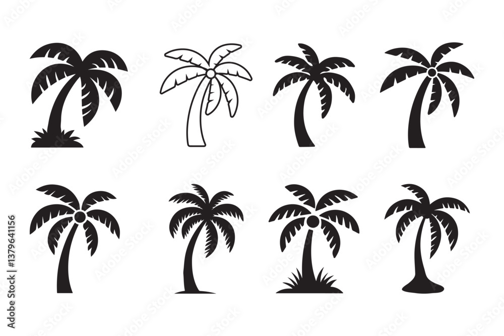 Fototapeta premium Set of palm tree silhouette vector icon art illustration on white background
