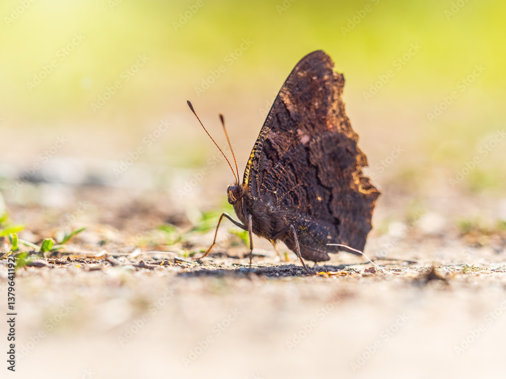 Obraz premium Peacock butterfly on the ground among the grass