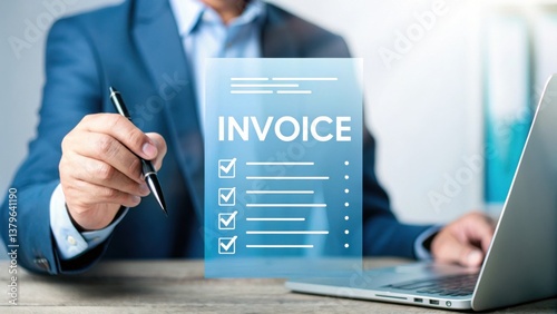 A professional man holds a transparent invoice while working on a laptop, showcasing a modern approach to business documentation.