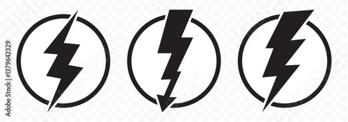 Lightning bolt icons set isolated on white background. Black flash symbol, thunderbolt vector illustration. Simple lightning strike sign. EPS 10.
