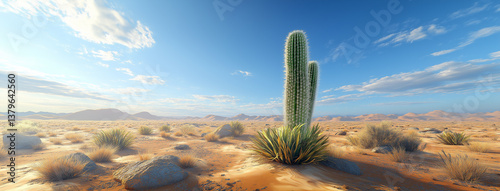Panoramic View Solitary Cactus in Expansive Desert with Sand Dunes and Blue Sky. 