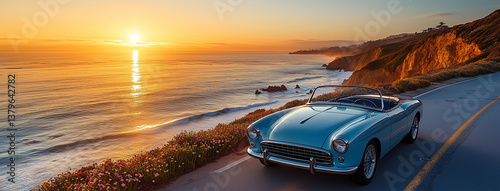Vintage Blue Convertible Road Trip on Pacific Coast Highway at Sunset