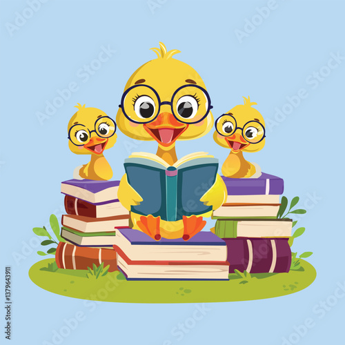 duckling reading books with a cute face