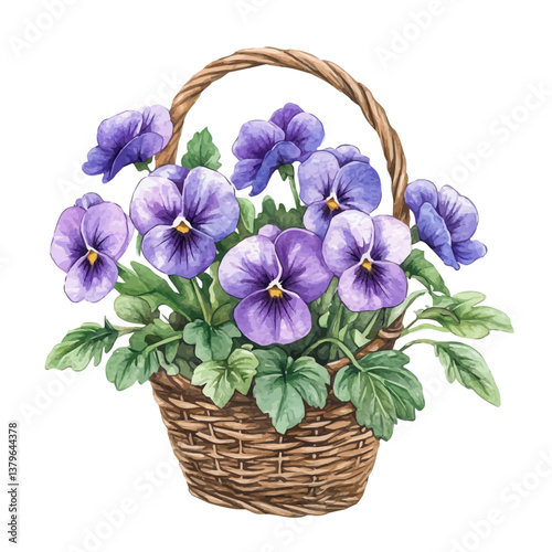 A watercolor vector illustration of Viola bouquet in a basket, isolated on a white background.

