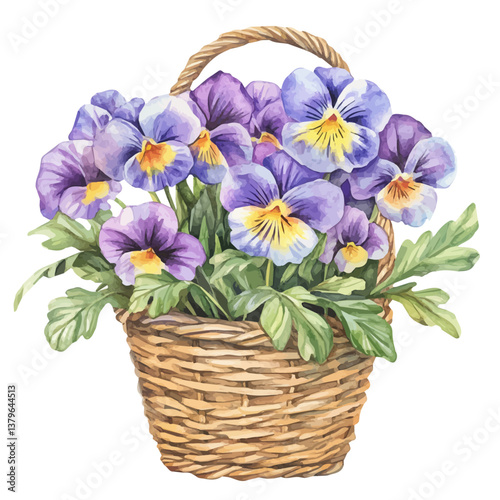 A watercolor vector illustration of Viola bouquet in a basket, isolated on a white background.

