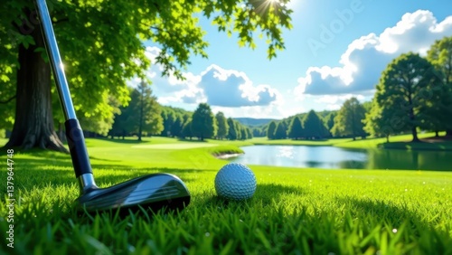 Serene Golf Course Landscape A Golf Club Resting on Lush Green Grass Beside a Golf Ball, Near a Tranquil Pond Under a Sunny Sky