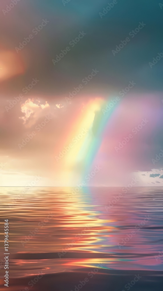 Fototapeta premium A serene view of a rainbow arching over calm waters at sunset.