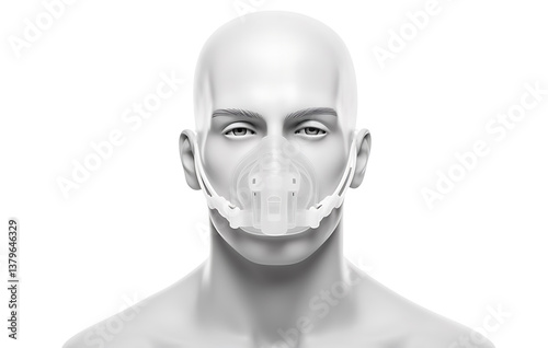 striking, high-key, studio portrait of a male figure showcasing the integration of medical technology for respiratory support