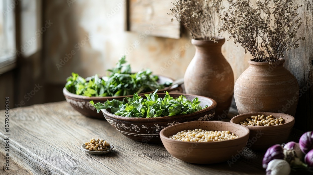 Rustic Mediterranean style setting in warm neutral tones, distressed wooden table showcasing fresh salad components in handcrafted pottery bowls, including mixed greens, pine nuts, pearl couscous,