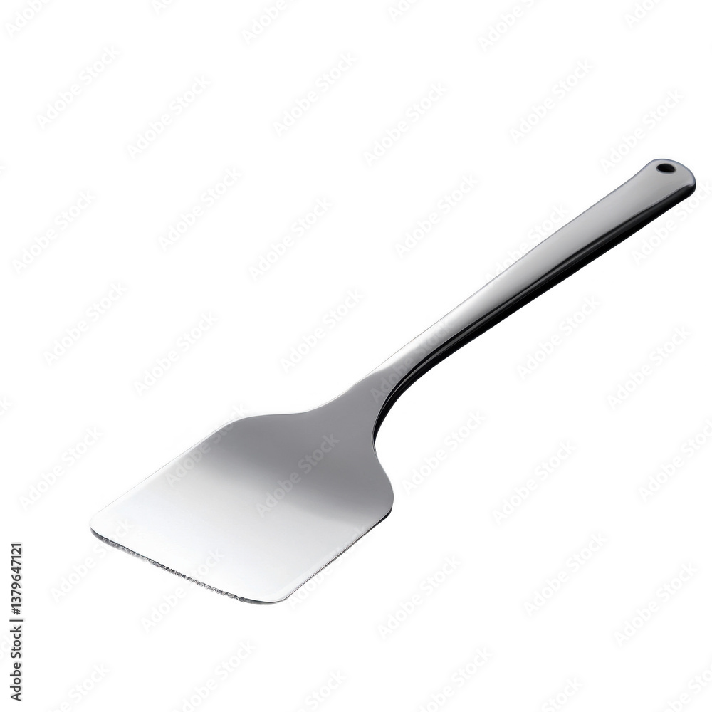 Sleek stainless steel spatula with ergonomic handle and polished blade on transparent background Sleek stainless steel spatula with ergonomic handle and polished blade on transparent background