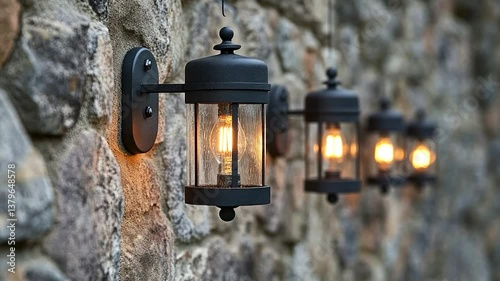 Black outdoor lanterns on stone wall
