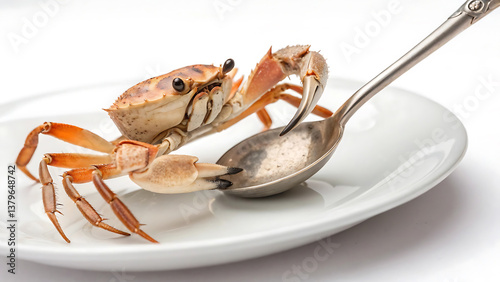 Funny Crab Holding a Spoon on a Plate - Humorous Seafood Image photo