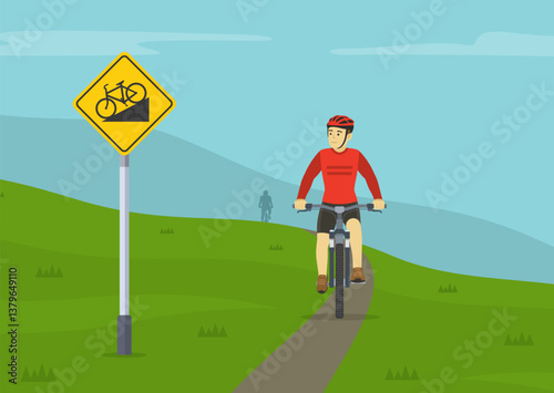 Traffic regulation rules and tips. Riding a bicycle on a grades and hills. Mountain biking. Front view of a cyclist looking at traffic sign. Flat vector illustration template.