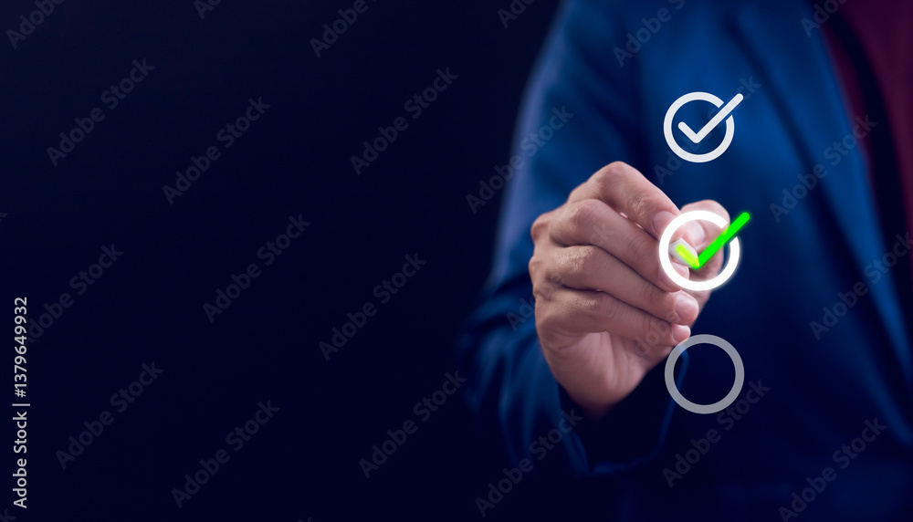 Checklist concept, Businessman mark checkboxes, Survey form, check marks on checklist, filling online form and answering questions. List options business employee security procedures followed office.