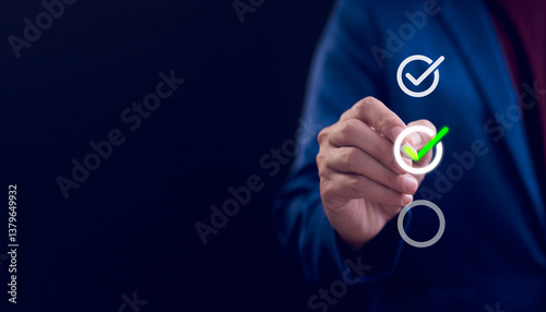 Obraz na płótnie Checklist concept, Businessman mark checkboxes, Survey form, check marks on checklist, filling online form and answering questions. List options business employee security procedures followed office. w salonie