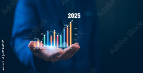 Obraz na płótnie 2024 2025 Business growth, boost up business or success concept, Business growth, investment profit increase, growing sales and revenue, progress or development concept, arrow graph future growth plan w salonie