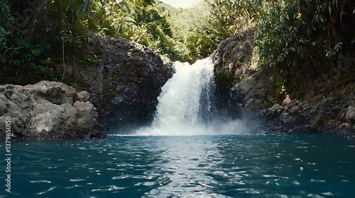 Majestic waterfall cascading in lush jungle nature scene tropical paradise serene viewpoint