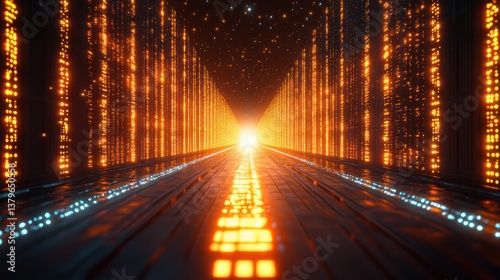 Digital Matrix Tunnel: A Glowing Orange and Blue Futuristic Corridor