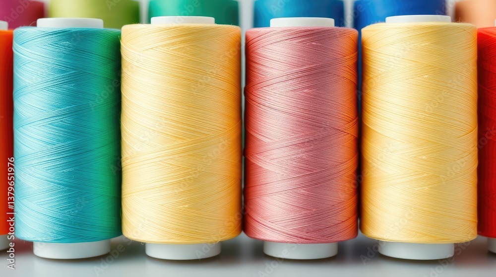 Colorful spools of thread are arranged in an attractive line Colorful spools of thread are arranged in an attractive line