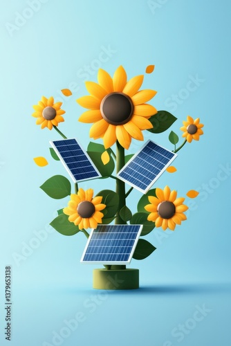 Solar panels transforming into blooming sunflowers.