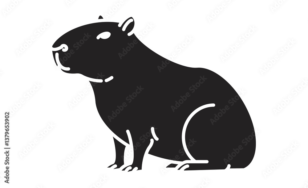 Obraz premium 座っているカピバラのシンプルな線画イラストアイコン