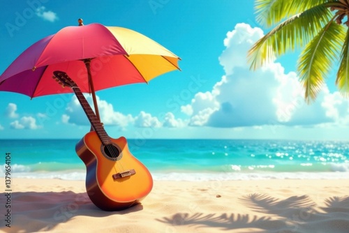 Colorful beach scene with umbrella and guitar, summer, instruments, beach