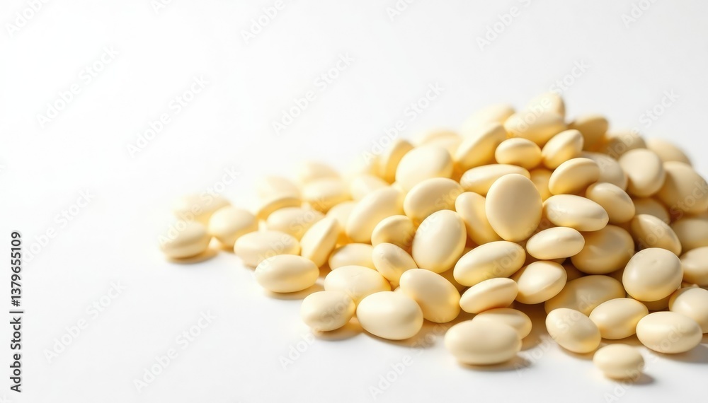 Pile of white beans against pure white backdrop, studio shot, culinary, background Pile of white beans against pure white backdrop, studio shot, culinary, background