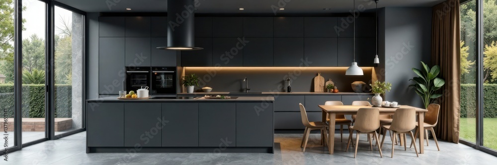 Dark gray kitchen with sleek bar counter and dining table in a modern style, modern, dining table Dark gray kitchen with sleek bar counter and dining table in a modern style, modern, dining table